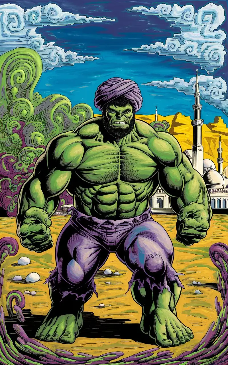 Psychedelic Portrait of Hulk Embracing Islam