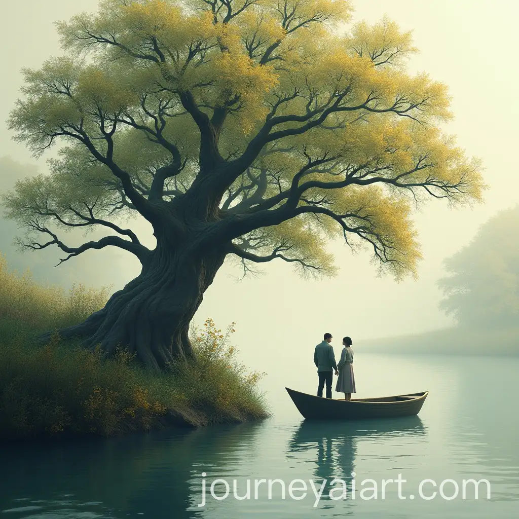 Couples-Canoeing-by-a-Majestic-Old-Tree-in-Cool-Weather