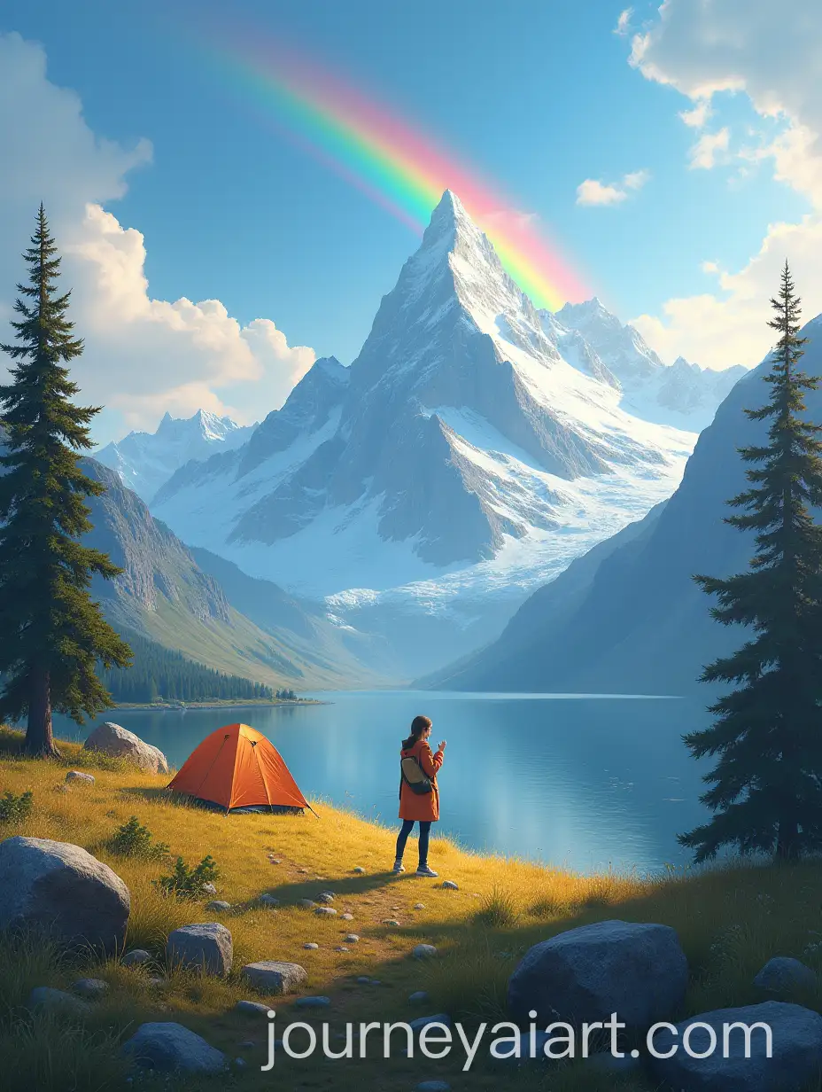 Girl-Posing-in-Scenic-Snowy-Mountain-Landscape-with-Rainbow-and-Tents