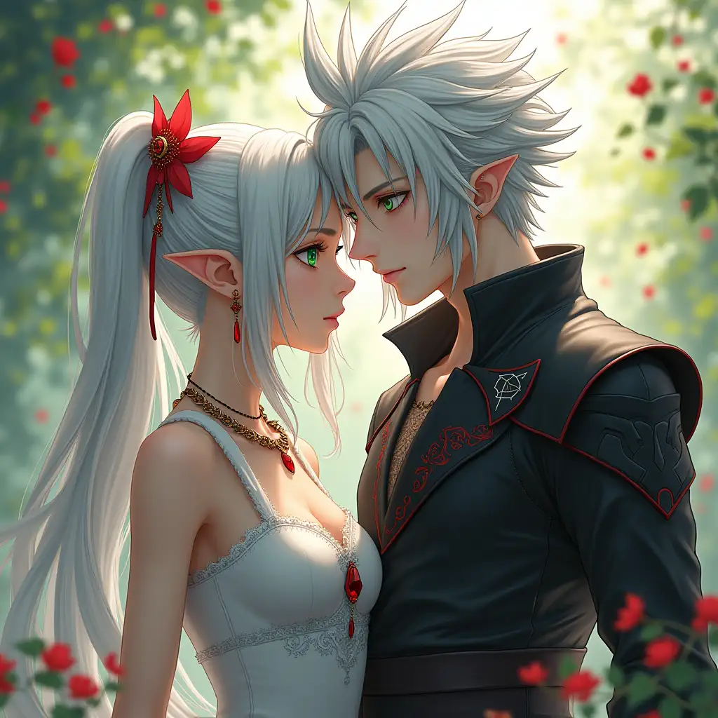 Ultra detailed, highres, absurdres, HDR, Sephiroth, grey hair, green eyes, Final Fantasy advent children, 2 persons ,1 man and 1 girl only, handsome, beautiful water, flowers and red petals, summer, Beautiful,elven girl , frieren white hair, twintails-, green eyes , ruby teardrop earrings, big breast, water, flowers, red petals,summer, frieren beyond the journey end 