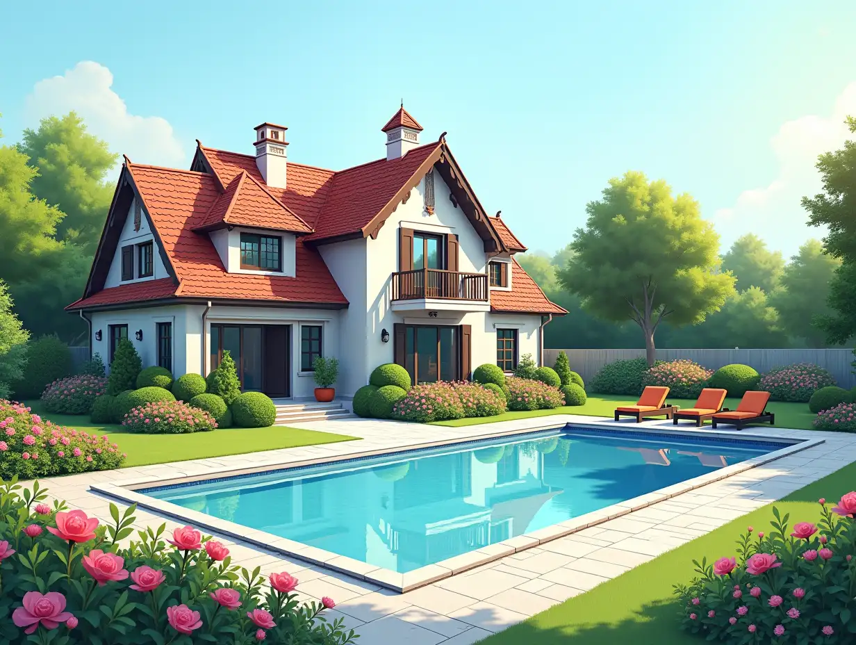 Create for me a house with a large garden and pool with a large house, colorful bushes