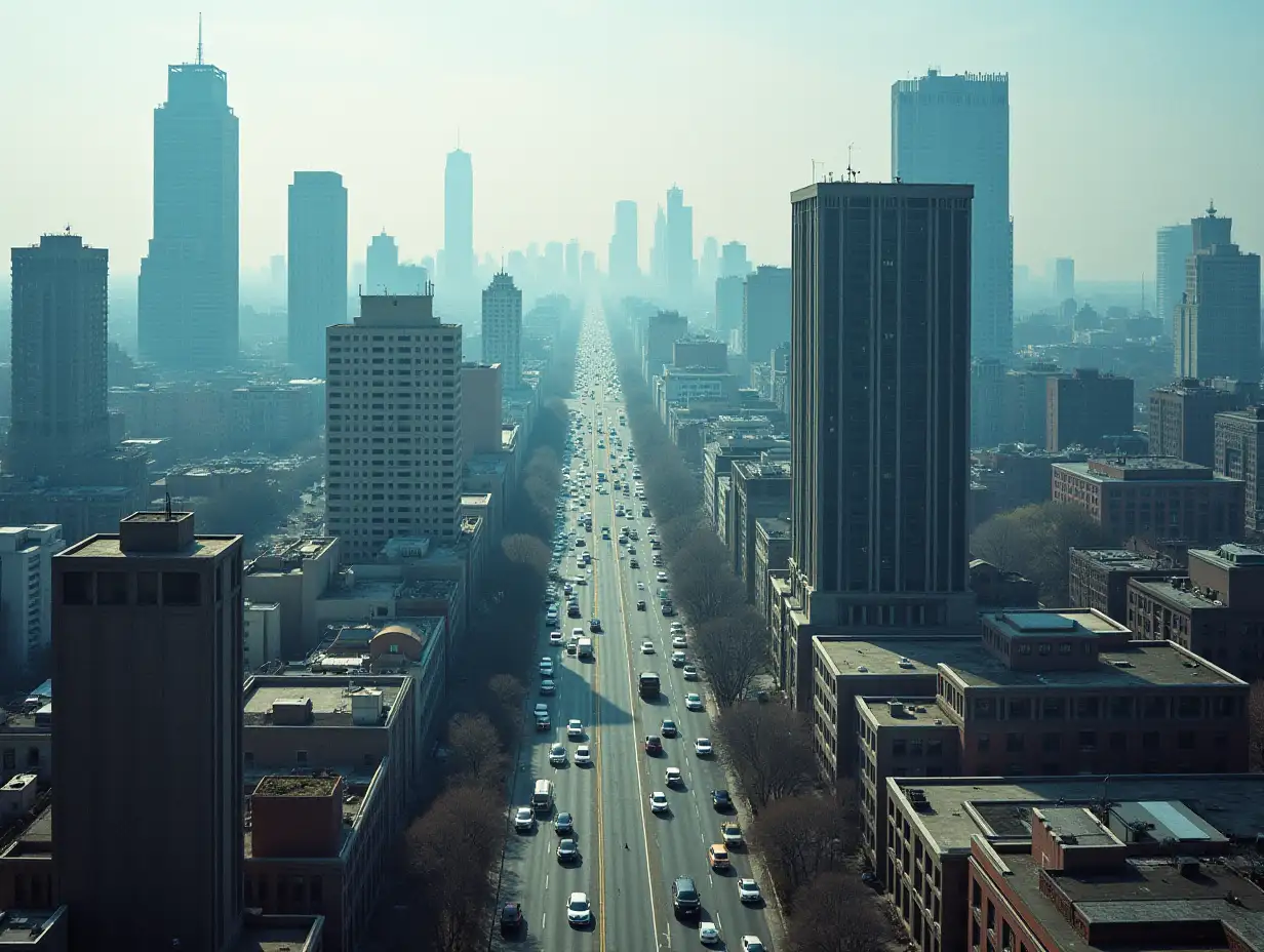 A bustling cityscape with skyscrapers and traffic, then zooming into a single, nondescript building