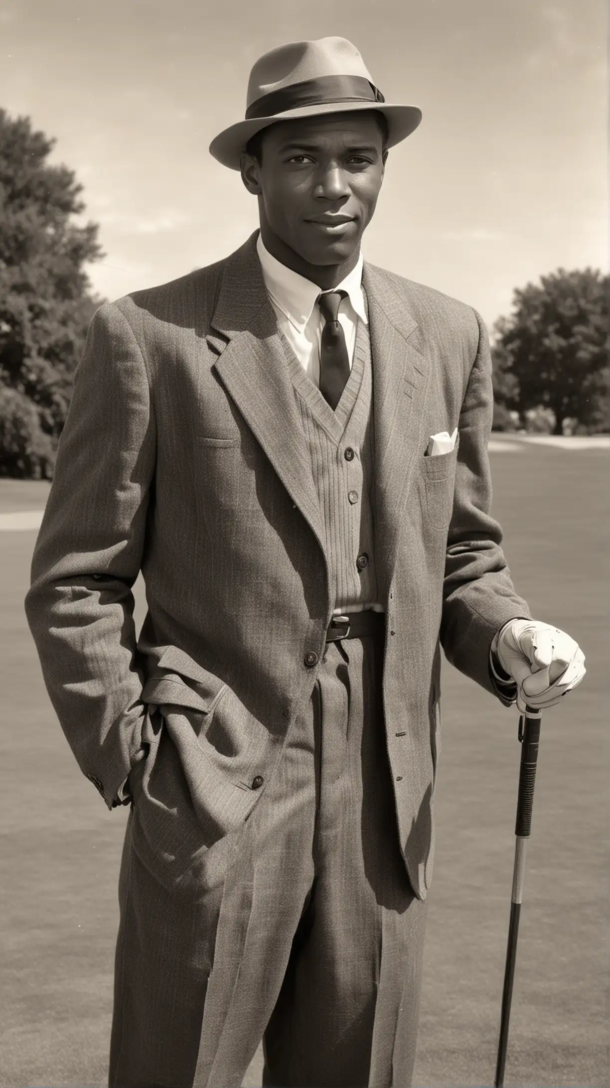 1950s Stylish African American Man Golfing with Hat