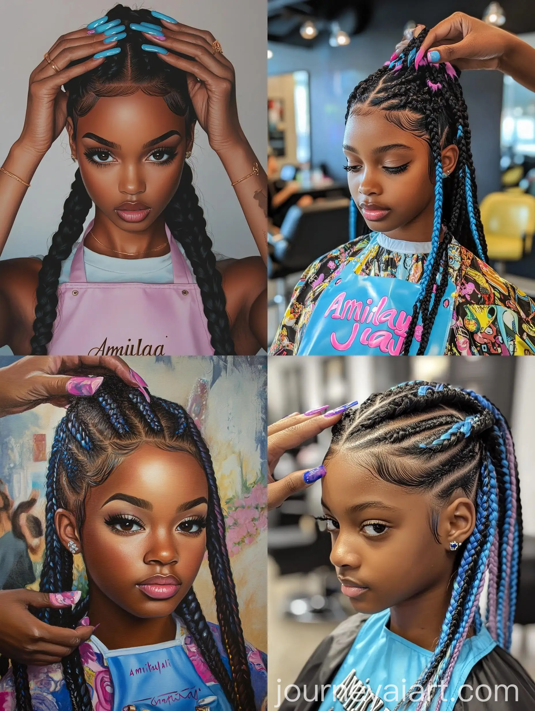 Hair-Braiding-Session-Black-Girl-with-Long-Blue-and-Pink-Nails