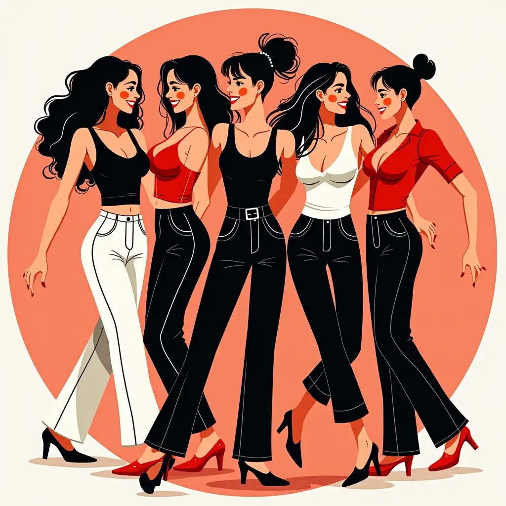 A striking and stylized illustration of a female figure, five women dancing jazz, depicted in a bold interaction inviting the viewer to immerse themselves in an intense rhythm of jazz movements. Faces are very defined, with jazz attire, bodies are facing front and some in profile, faces are visible, and jazz attire with trousers are in red, black, and white. The word traverses the image, and below it says 'dance routine for women' in fluorescent color