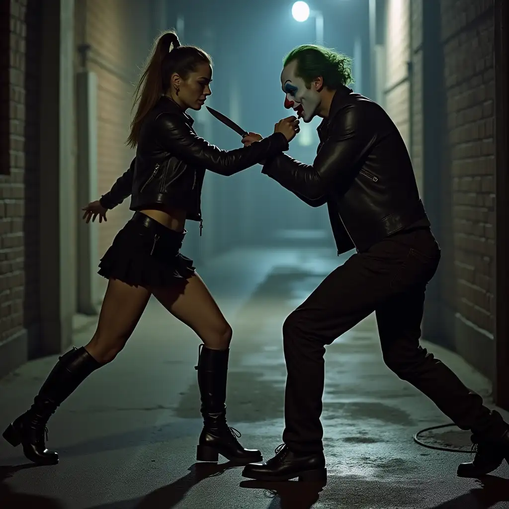 Two figures are having a knife fight in an alley by night. One is a pretty girl with slicked back hair, a black leather jacket, black miniskirt and black leather knee boots. The other is a male clown.