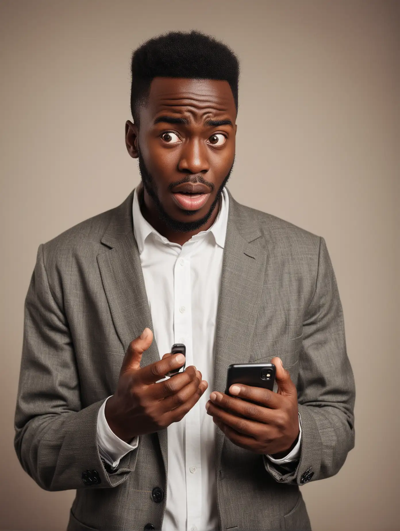 Surprised African Man Looking at His Phone