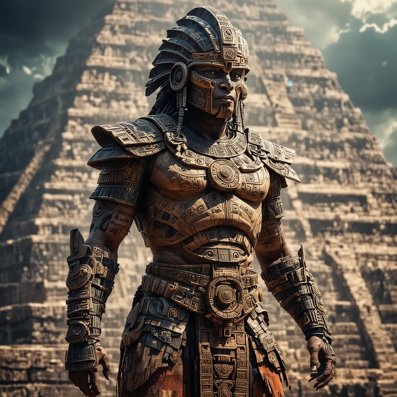 Ancient-Mayan-Warrior-in-HighTech-Futuristic-Suit-on-Pyramid