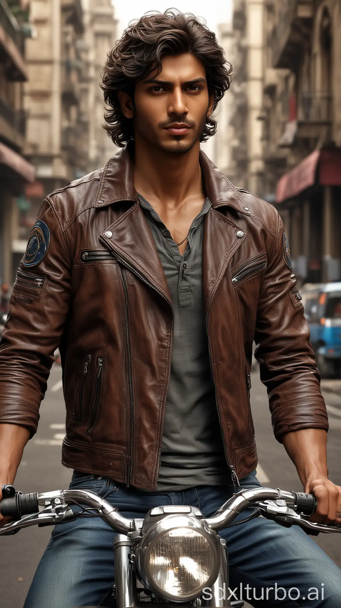 create a male mumbai biker  generation style hyper realism, tall, lean muscular body, wavy hair, brown eyes, visually pleasing featurescreate a male mumbai biker  generation style hyper realism, tall, lean muscular body, wavy hair, brown eyes, visually pleasing features