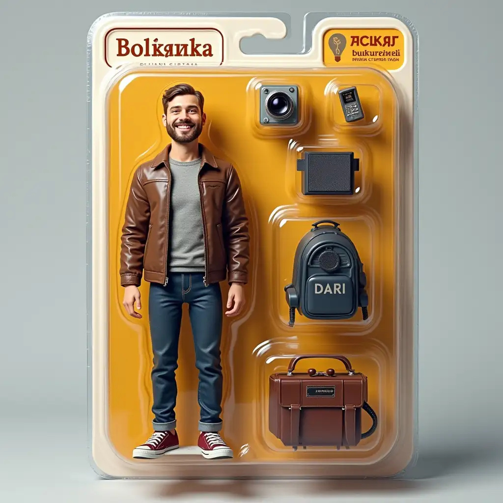 Use this photo of me to create an action figure of myself in a blister pack, in the style like a premium collectible toy. The figure should be standing up and have a relaxed, friendly smile. The blister pack should have a header with the text ‘[полинка]’ in large letters and a subheading of  below it. Include accessories in compartments to the side of the figure: [липтон, шоколад,бантик telephone].