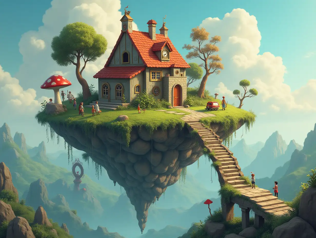 A magical floating island house with tiny people, huge steps and bridge, clocks and mushrooms and tiny people art