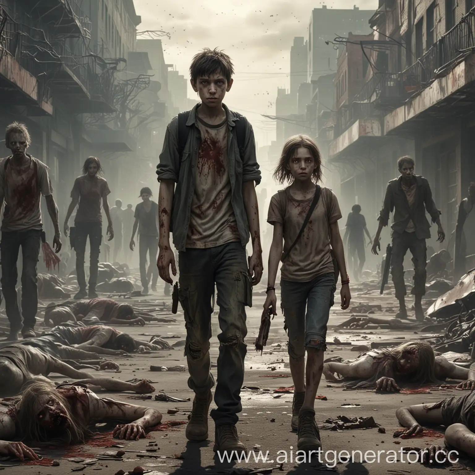 Boy-and-Girl-Walking-Through-ZombieInfested-Apocalyptic-City