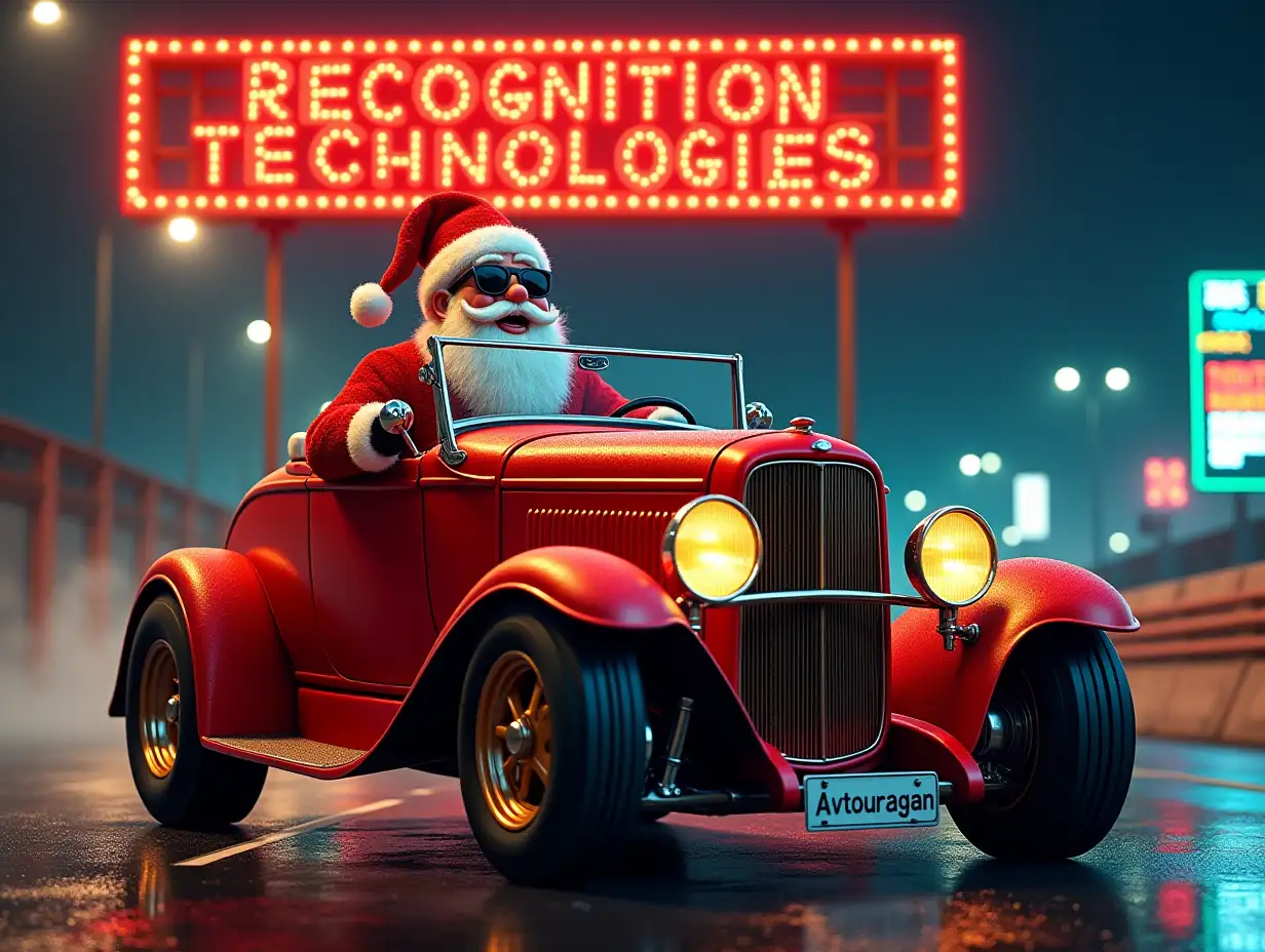 Situation: 50's style race track. One character, looks like Santa Claus, with sunglasses, inside a red Ford Hot Rod. License plate 'Avtouragan'. Background: Christmas theme, and at the top is a rectangle of neon lights, inside which is a calligraphic text sign 'RECOGNITION TECHNOLOGIES'. Intricate, detailed, thin filigree letters. The letters are made of bronze parts. The parts are thin delicate fragments.