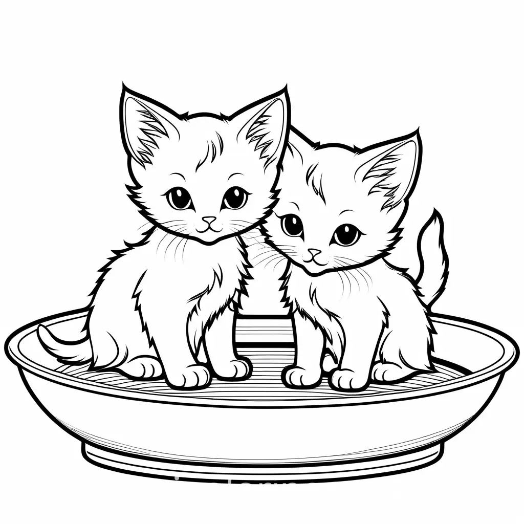 2 Kittens drinking milk out of a dish.  Fire place in the background, Coloring Page, black and white, line art, white background, Simplicity, Ample White Space. The background of the coloring page is plain white to make it easy for young children to color within the lines. The outlines of all the subjects are easy to distinguish, making it simple for kids to color without too much difficulty