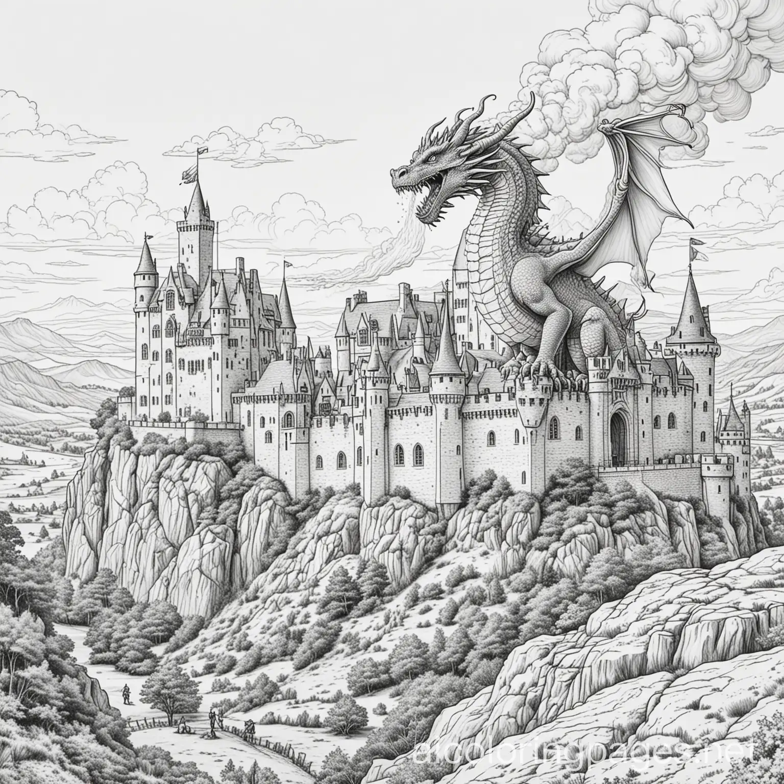 Dragon-Blowing-Fire-at-Scottish-Castle-Coloring-Page