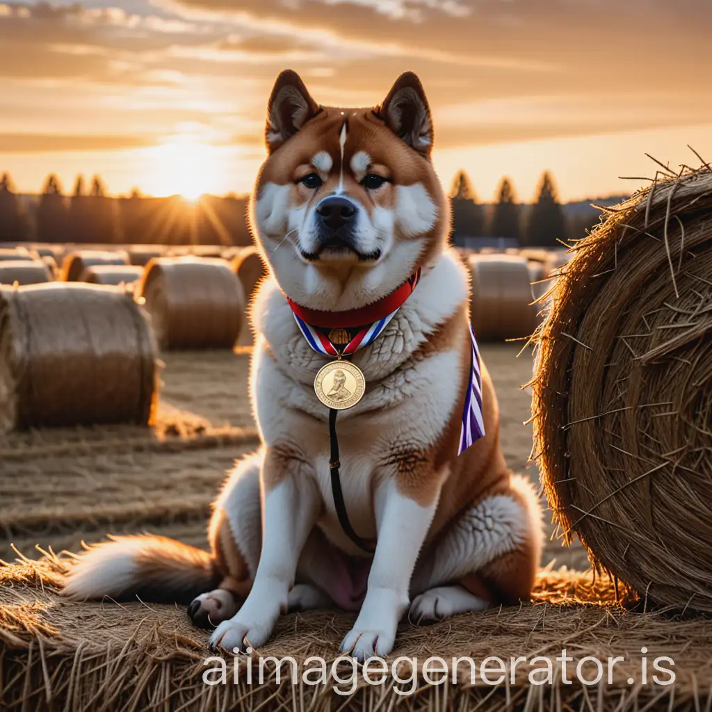 Akita sitting proudly on a hay bale, with a medal around his neck and a sunset behind him, Clucky by his side — cinematic composition, emotional glow.