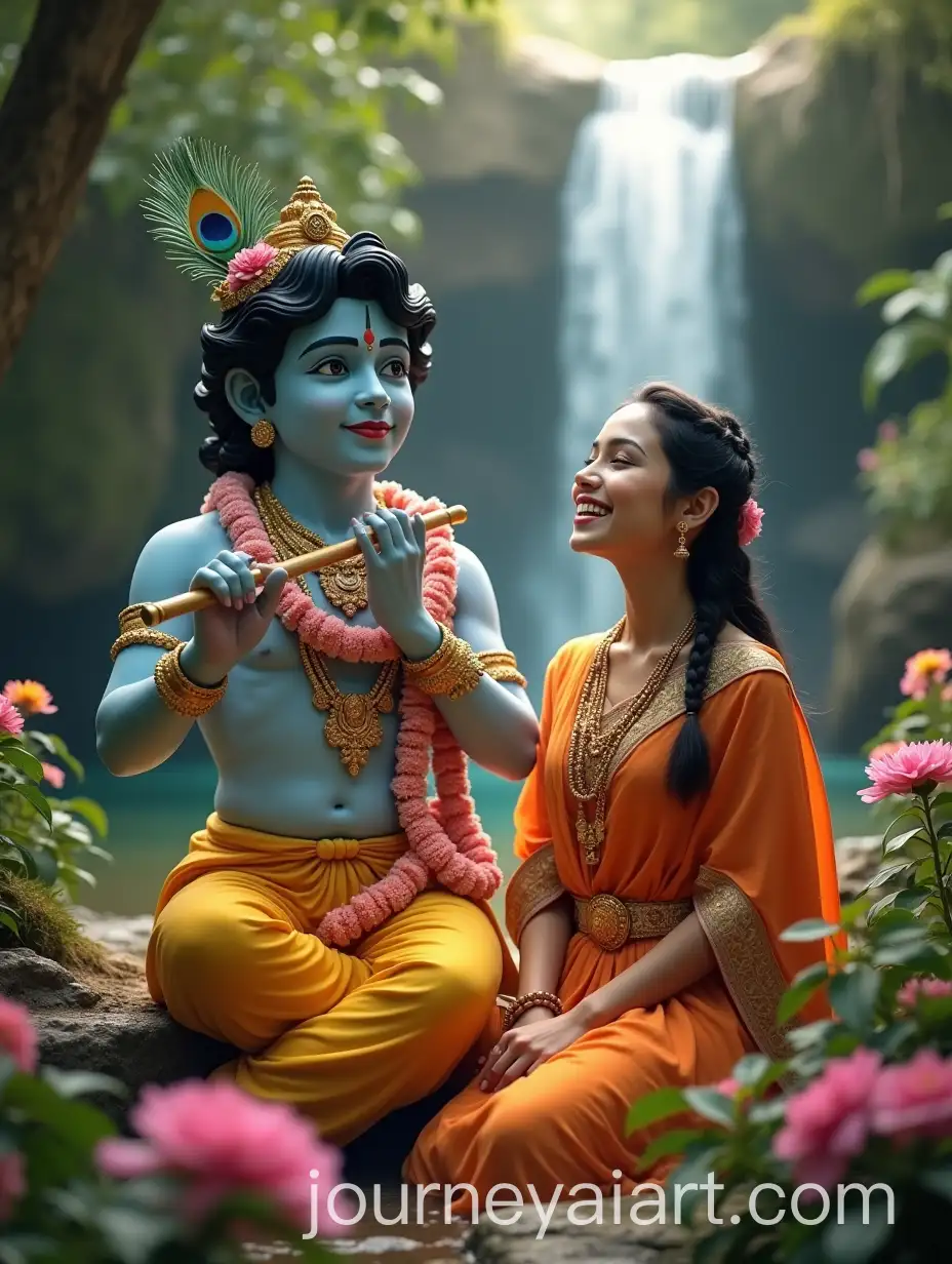Lord-Krishna-Playing-Flute-Beside-WaterAI-Art-Prompt-Expansionfall-with-Woman-in-Orange-Saree-Singing