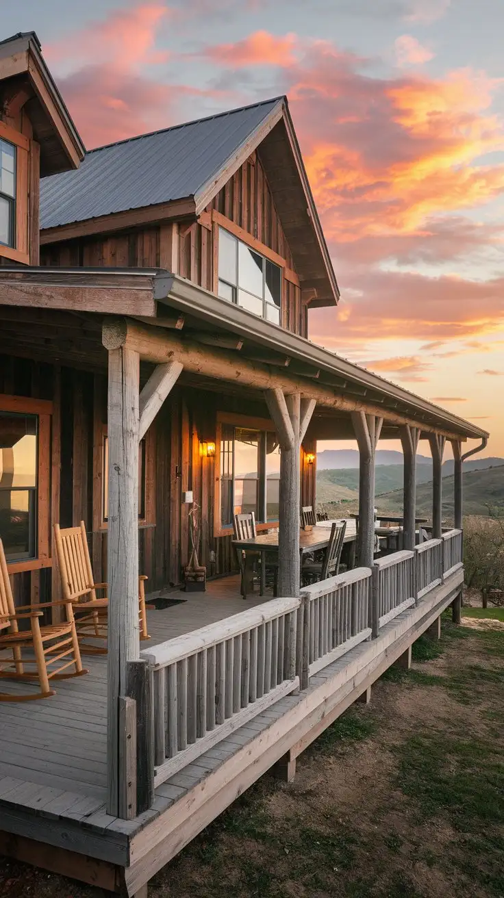 Rustic-Cabin-Exterior-with-Scenic-View-of-Rolling-Hills-and-Cozy-Porch-at-Sunset