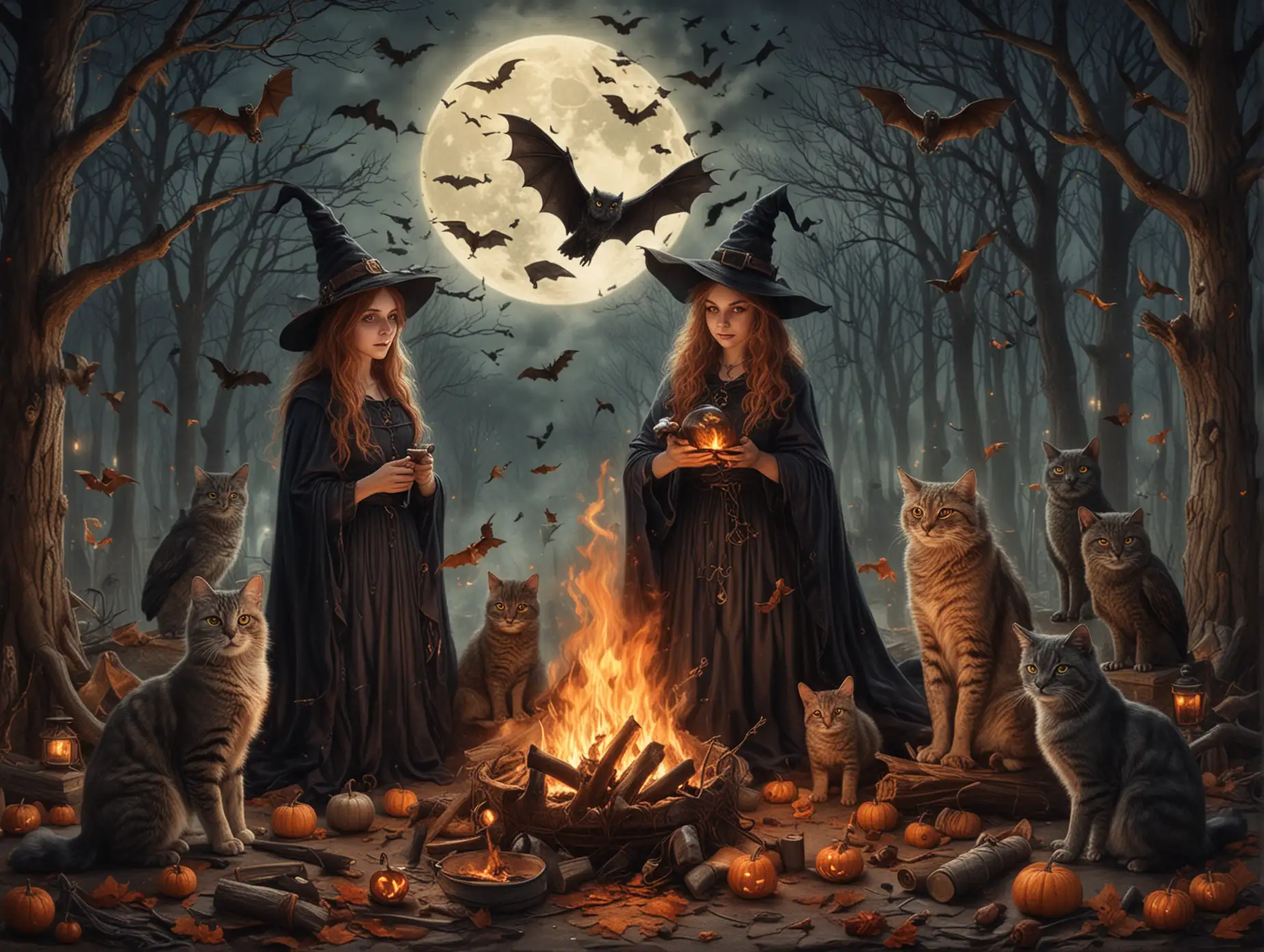 witches, cats, moonlight, bats, fire, owls