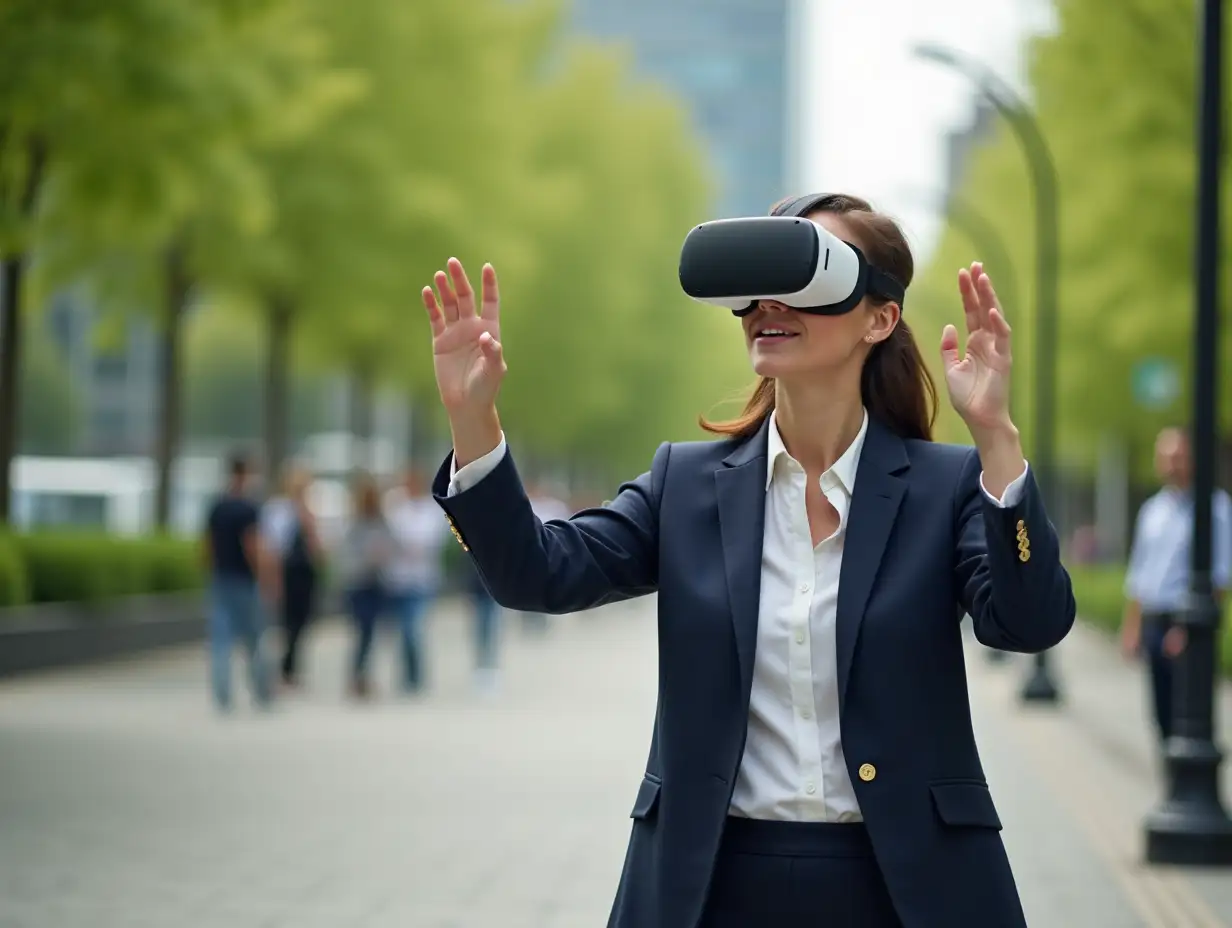 Modern business women using VR visual reality technology. People watching goggle glass gadget device outdoor green park.