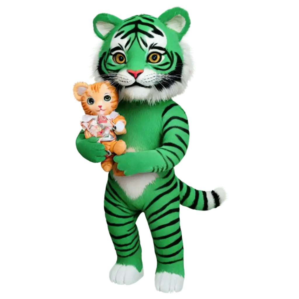 A green tiger carrying a doll