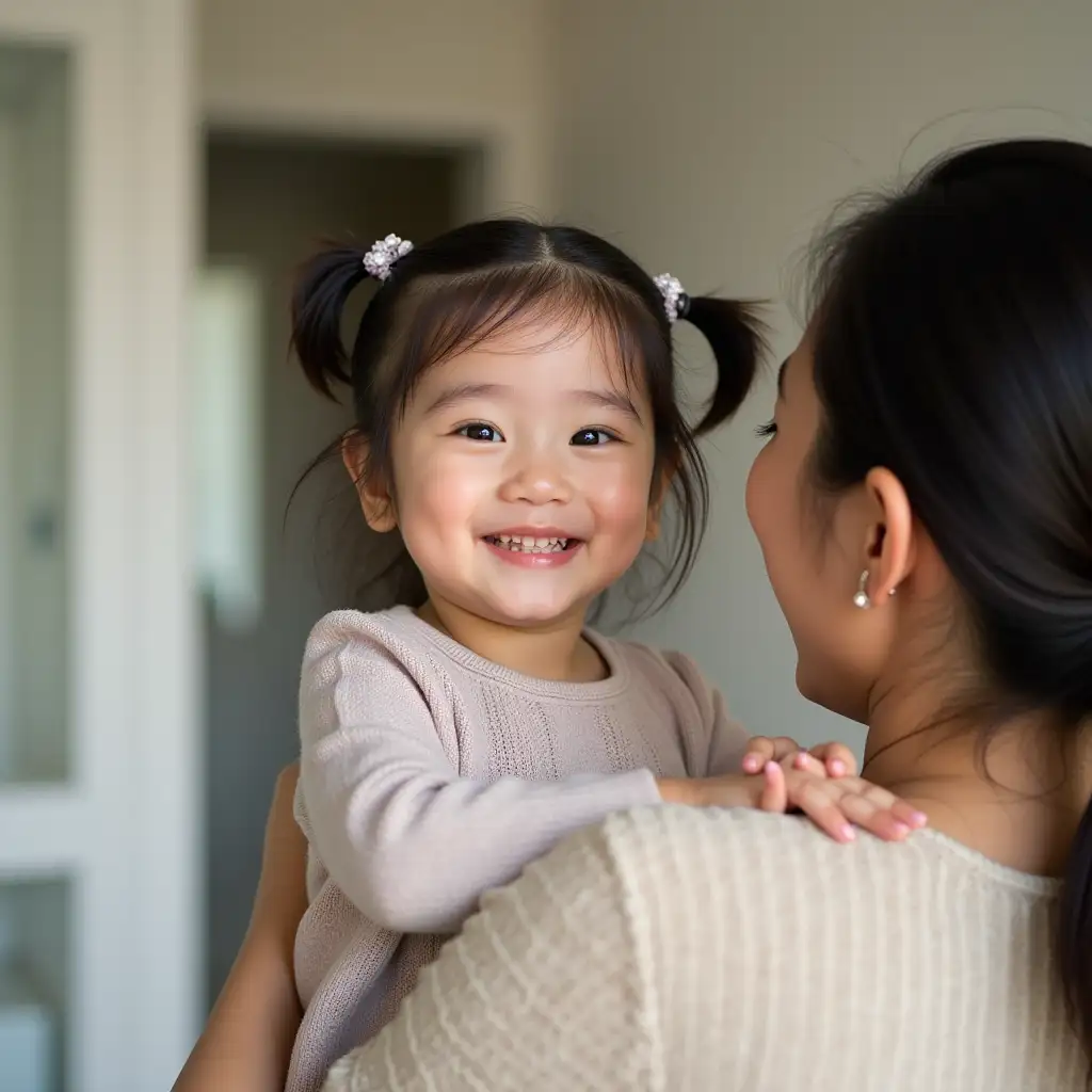 A 5-year-old Korean girl in her mother's arms, smiling and looking happy