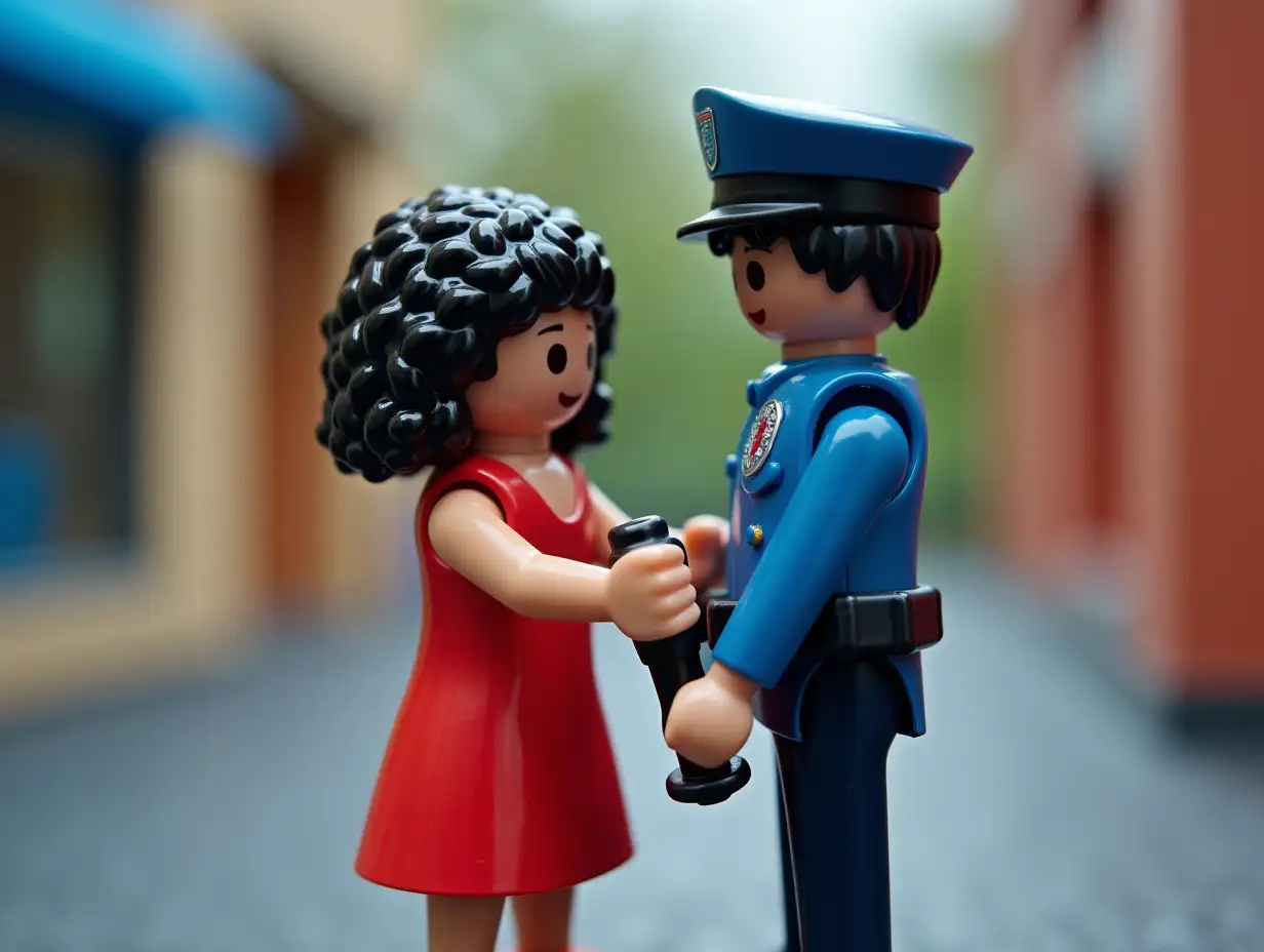 A Playmobil set, with a curly-haired black-haired girl with a red dress, with her hand on a police officer's truncheon who has black hair and is between her legs.