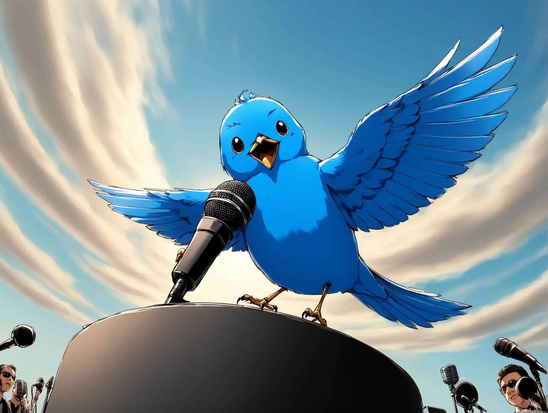 Blue-Bird-Holding-Microphone-in-Sky-Background