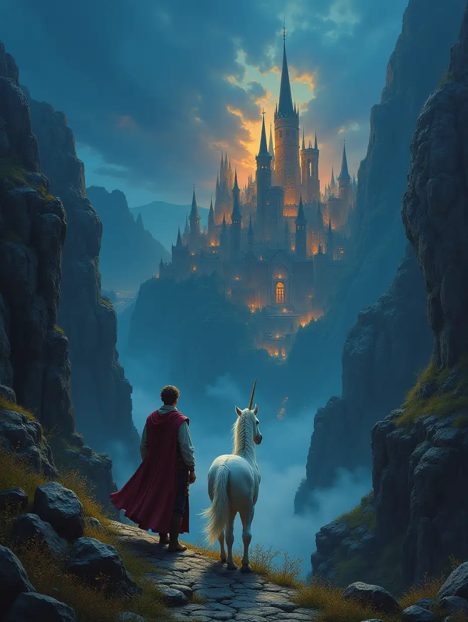 Deep night. A traveler and a unicorn reach an ancient city among the mountains. The majestic towers shine with a soft golden light. Here lies the secret that has been the goal of the entire journey. The scene is depicted as a beautifully crafted painting, with intricate details and vibrant colors. The style is reminiscent of the Lord of the Rings. The image captures the sense of mystery and grandeur, drawing the viewer into the enchanting world of fantasy and adventure.