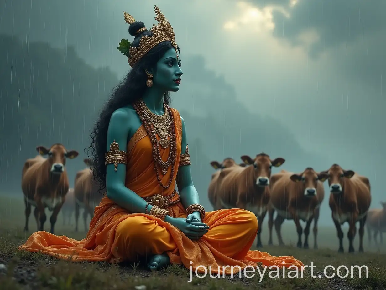 Beautiful-Hindy-Goddess-Radha-Sitting-in-Cloudy-Rainy-Weather-with-Cows