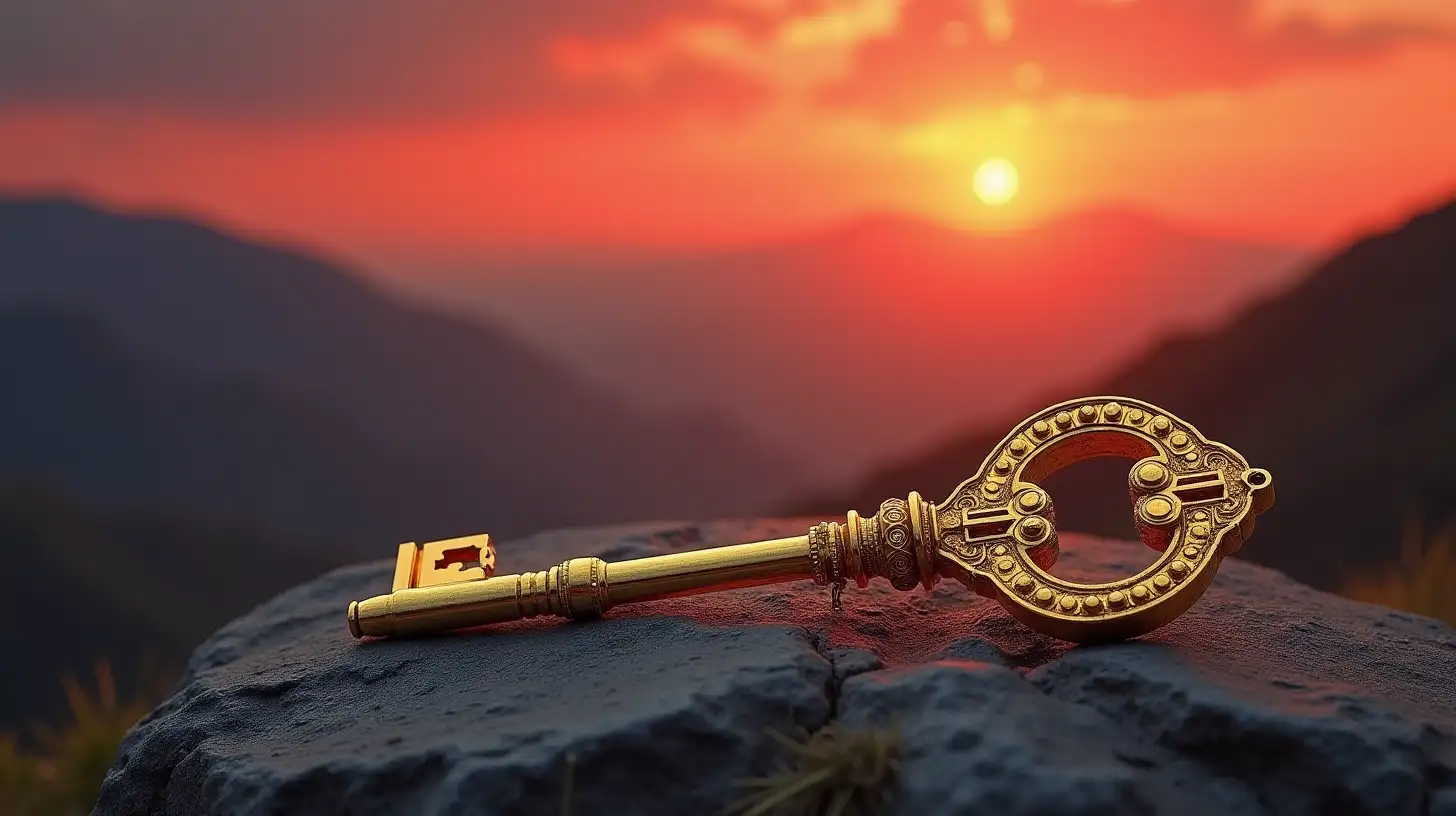 Ornate Gold Key on Rocky Mountain Terrain with Reddish Sky