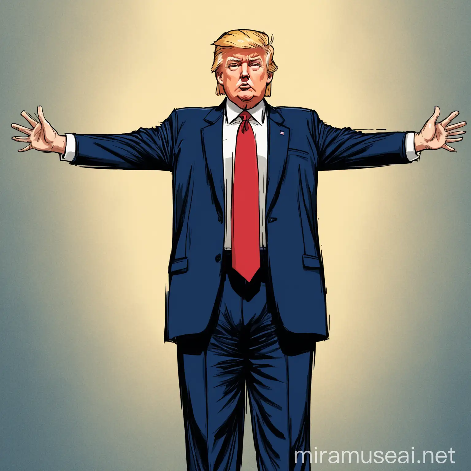 an illustration featuring Donald Trump wearing a dark blue suit, white shirt, and red tie. The person has blonde hair and is standing with arms outstretched to the sides.