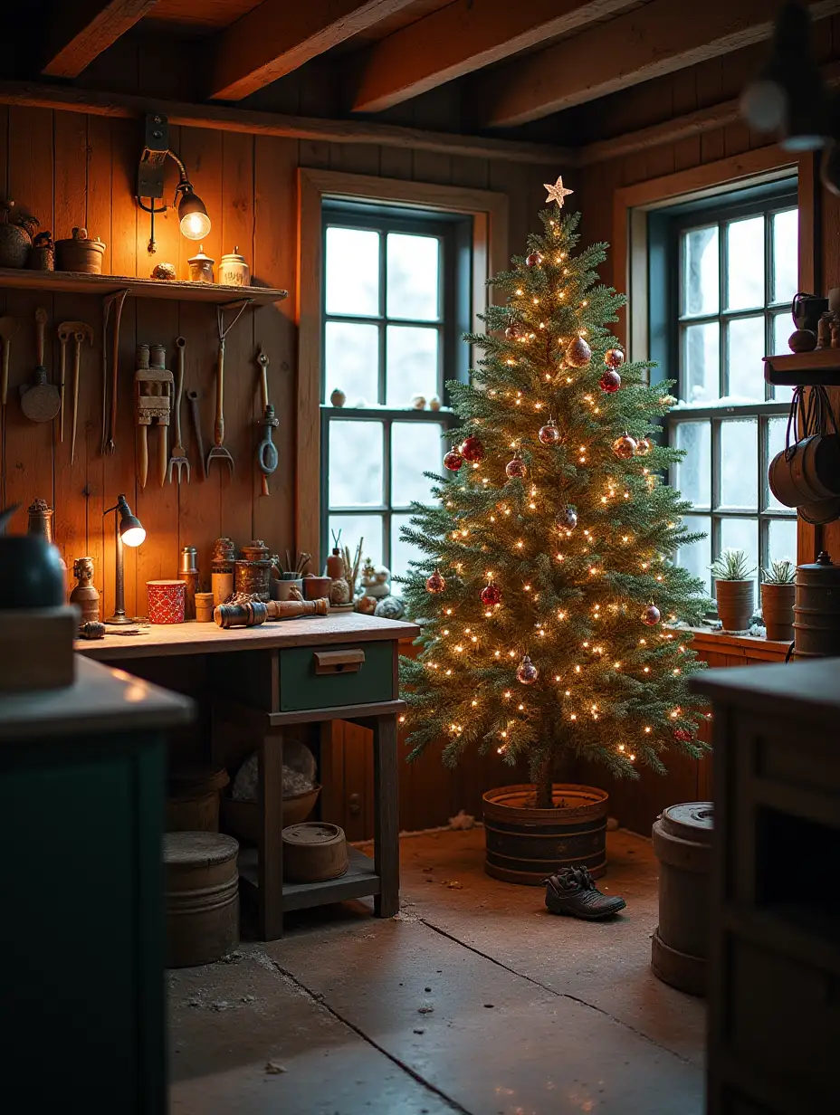 In the corner of a cozy carpentry workshop, winter light filters through frosted windows, casting a soft glow upon the scene. Amidst a collection of well-loved tools, a beautifully decorated Christmas tree stands adorned with twinkling lights. The image, likely a photograph, captures the essence of a festive and serene moment. The workshop is filled with a warm, inviting atmosphere, where the crisp air mixes with the scent of pine. Every detail is expertly rendered, from the intricate ornaments on the tree to the tools hanging neatly on the walls. The overall effect is that of a nostalgic and peaceful winter tableau, evoking a sense of holiday magic.