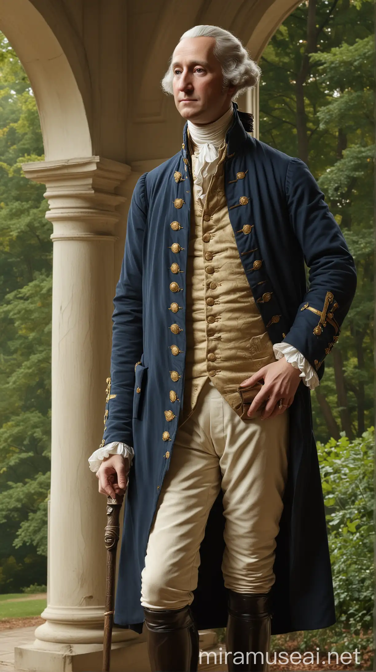 Create a serene image of George Washington at his Mount Vernon estate. hyper realistic