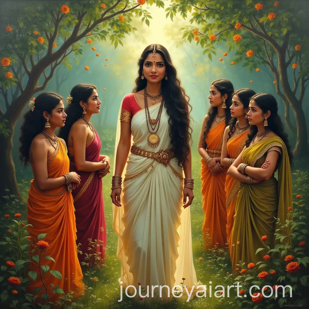 Indian-Goddess-Radharani-in-a-Mystical-Garden-with-Friends-in-Traditional-Attire