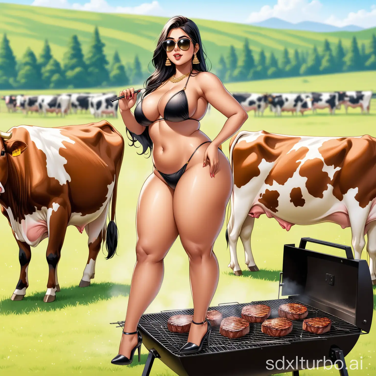 Curvy-Indian-Woman-Grilling-Steaks-in-Bikini-with-Grazing-Cows-in-Background