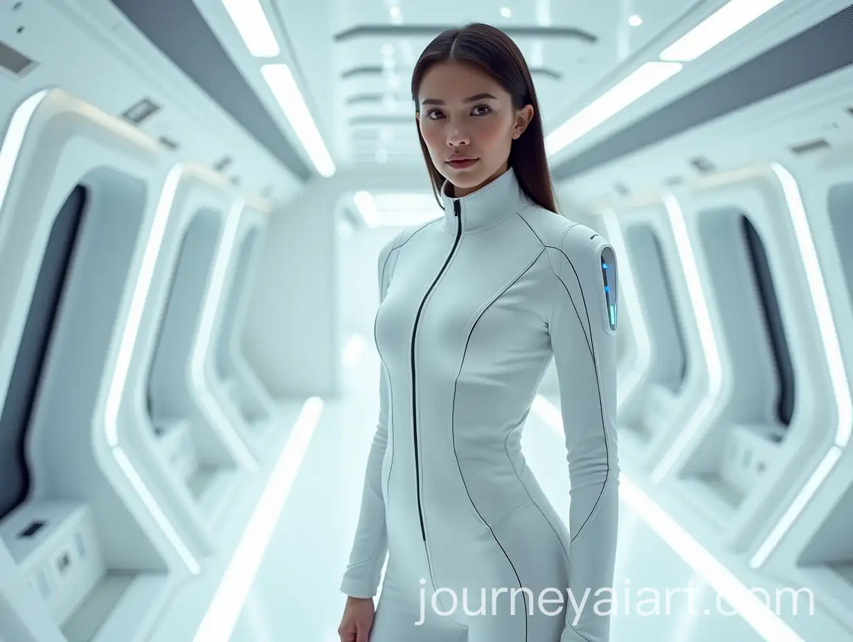 Confident-Young-Woman-in-Futuristic-White-Outfit-Controls-Advanced-Spaceship