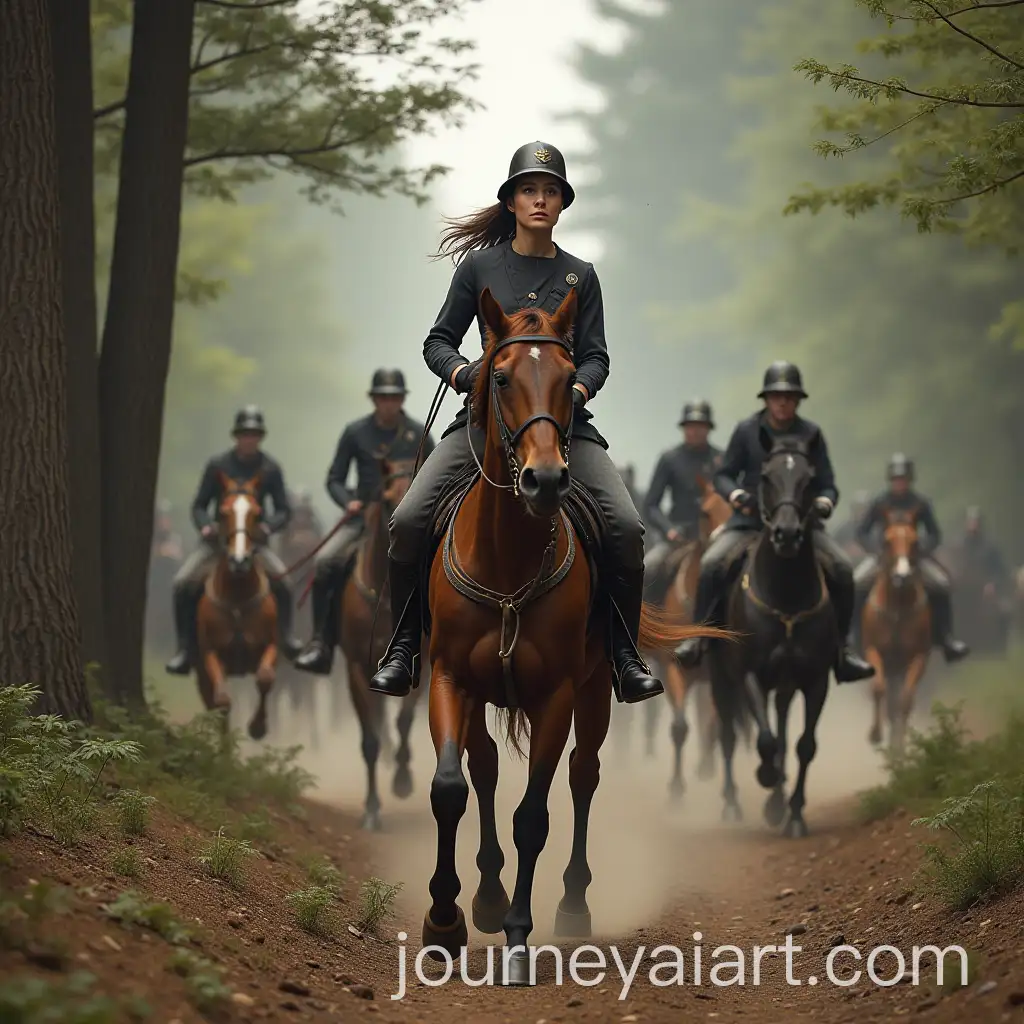 Female-Officer-Leading-a-Cavalry-Charge-Along-a-Forest-Road