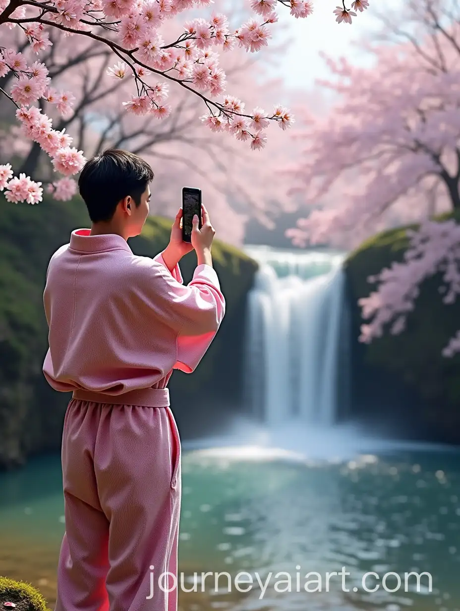 Korean-Man-in-Parka-Capturing-Cherry-Blossoms-and-Waterfall