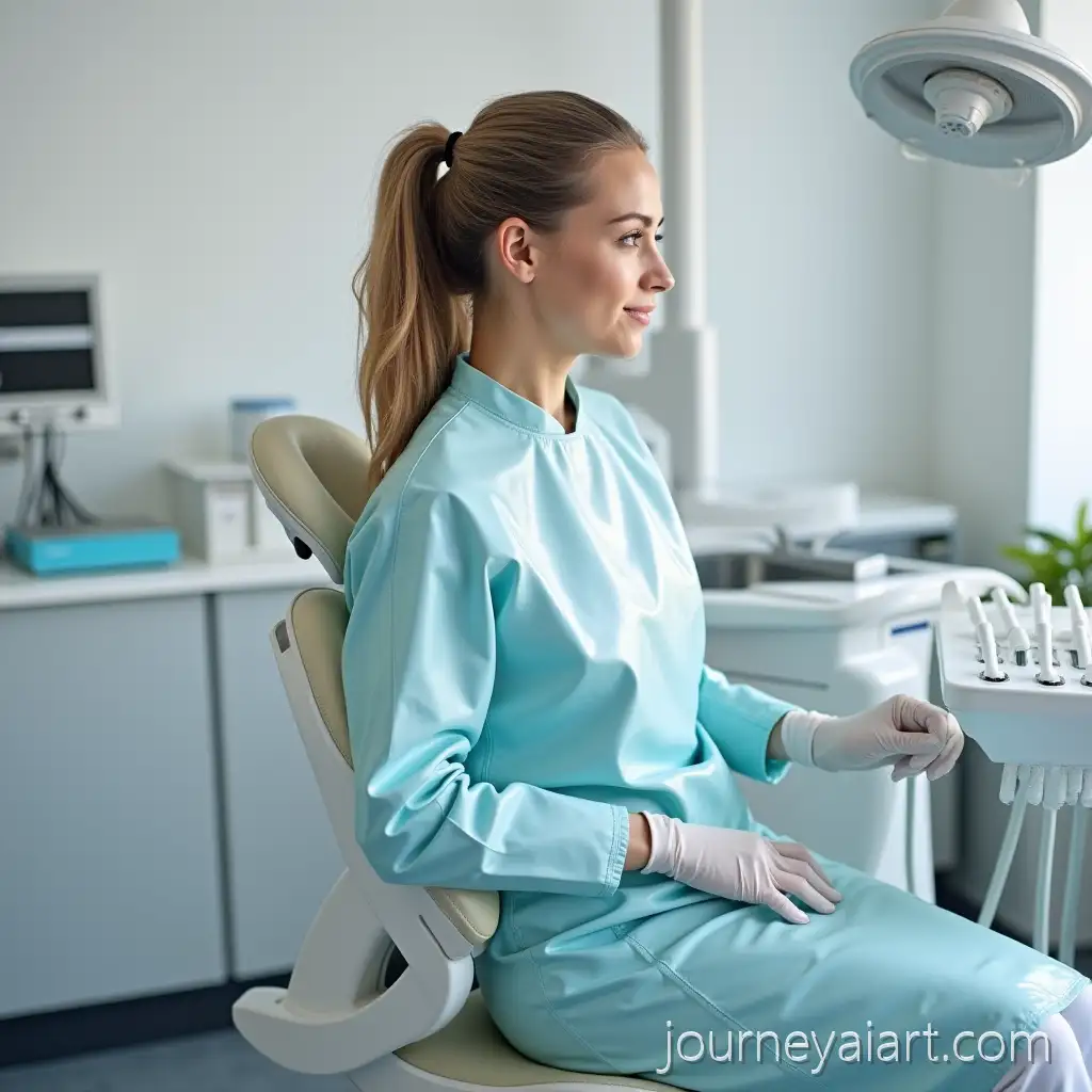 Dental-chair-woman-PVCWoman-in-Dental-Chair-Wearing-PVC-Bib-for-Treatment