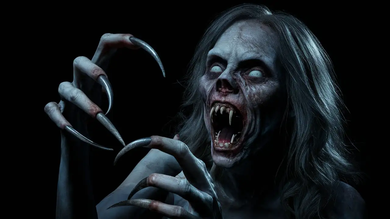 Horrifying Zombie Woman with Beastlike Claws and Sharp Fangs in Dark Nightmarish Scene