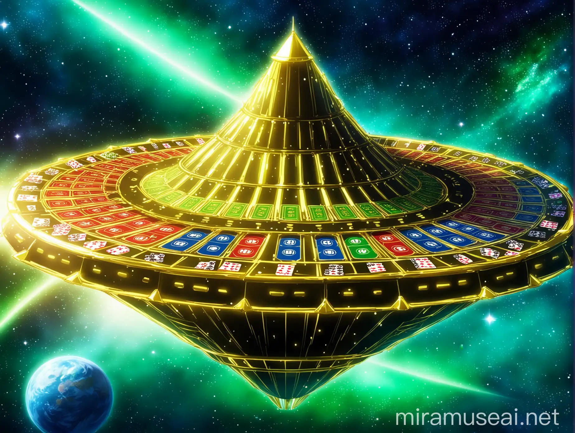 an anime gambling structure, ((space alien gambling structure)), big rich structure, galaxy background, in epic space anime