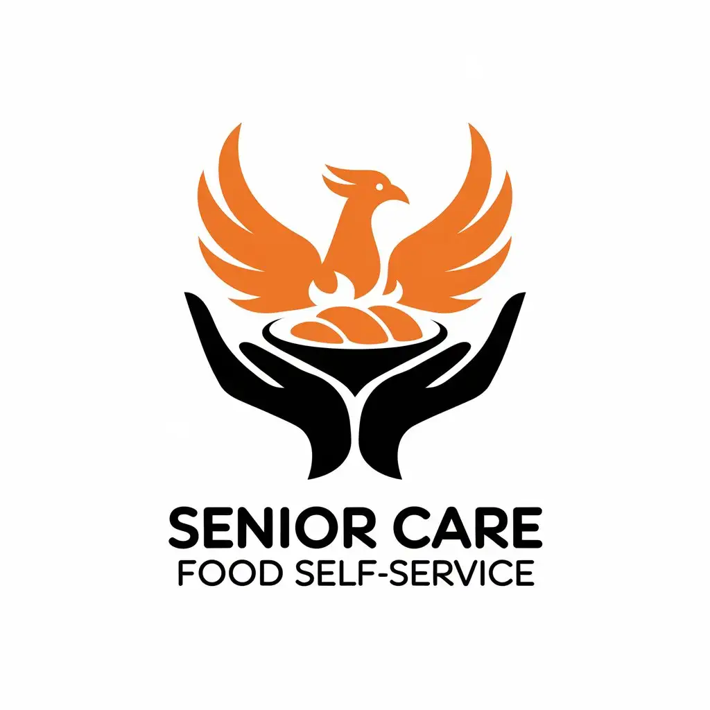 a vector logo design,with the text "senior care food self-service", main symbol:Hands combining with phoenix, having affinity, simple and atmospheric,Moderate,be used in Restaurant industry,clear background