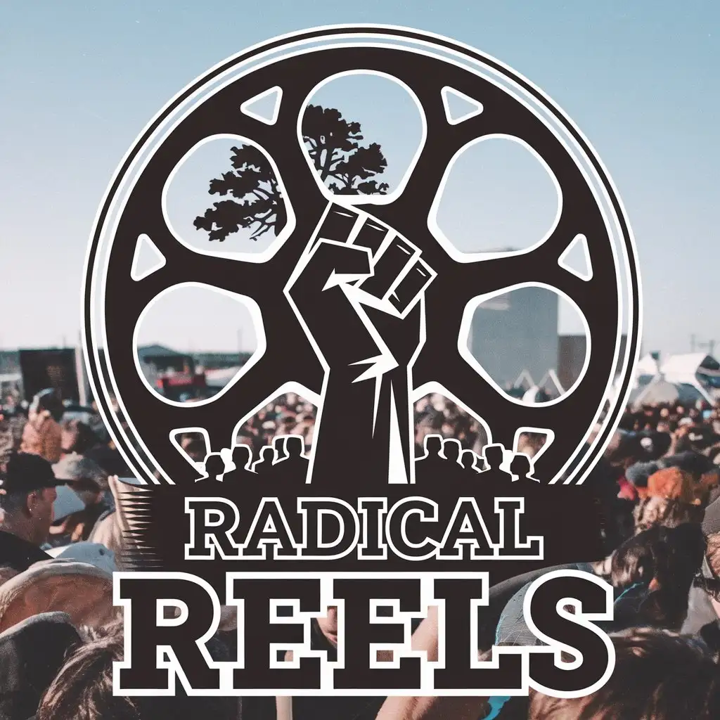 LOGO Design for Radical Reels Movie Reel and Yggdrasil Tree with Raised Fist and Crowd Theme