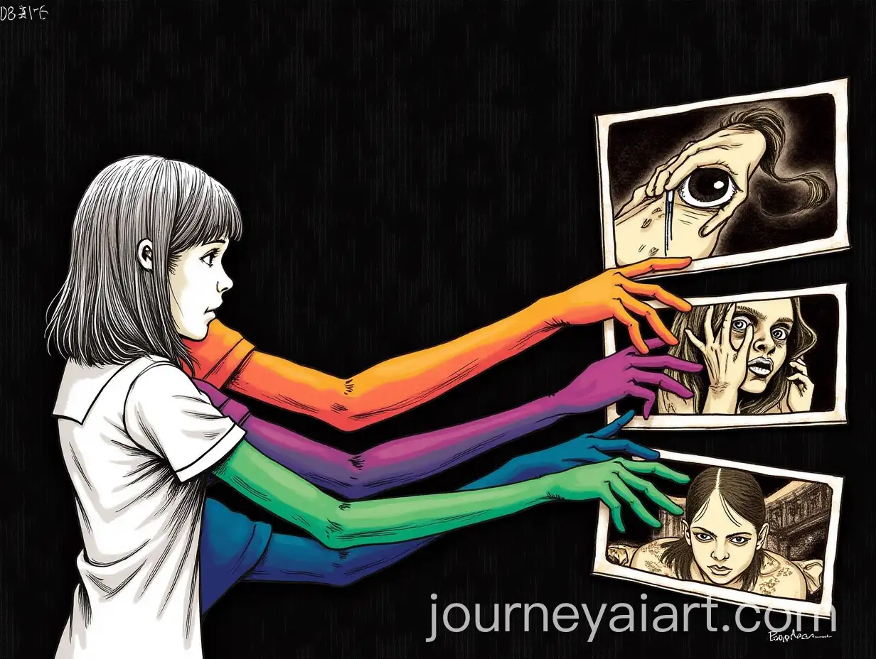 Surreal-Manga-Art-of-a-Girl-with-Vivid-Arms-Reaching-into-Disturbing-Photographs