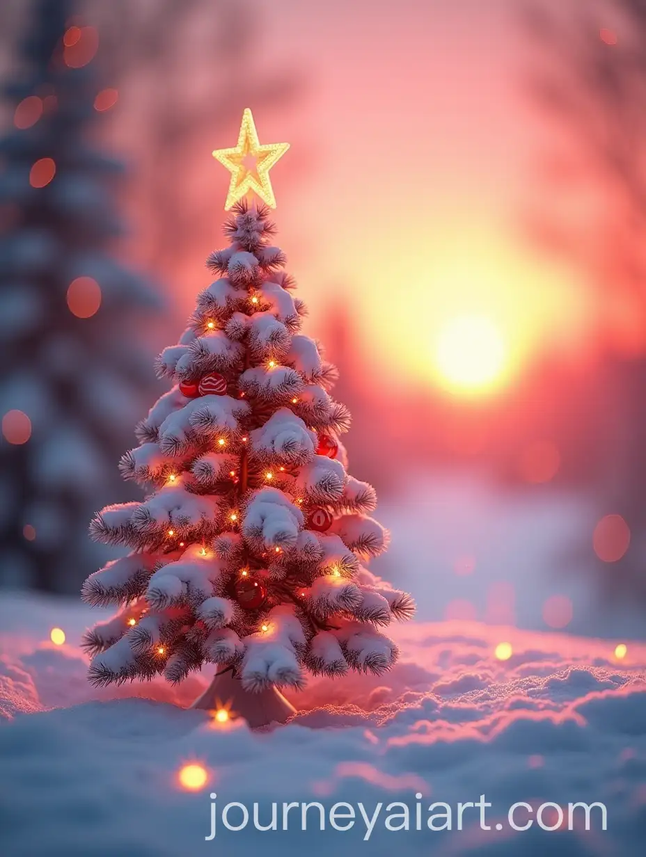 Snowy-Christmas-Tree-with-Ornaments-Against-a-Warm-Pink-Sunset