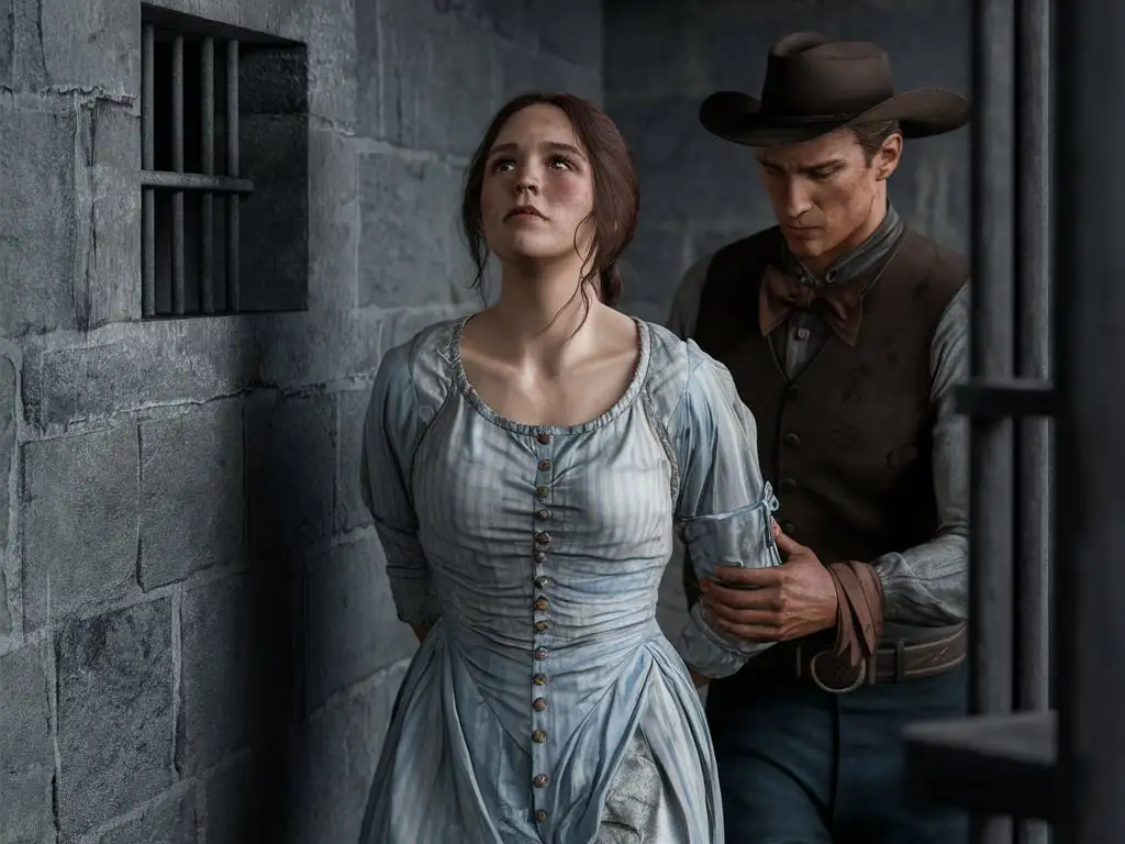 Busty Prisoner Woman with Cowboy Escort in 19th Century Texas Jail