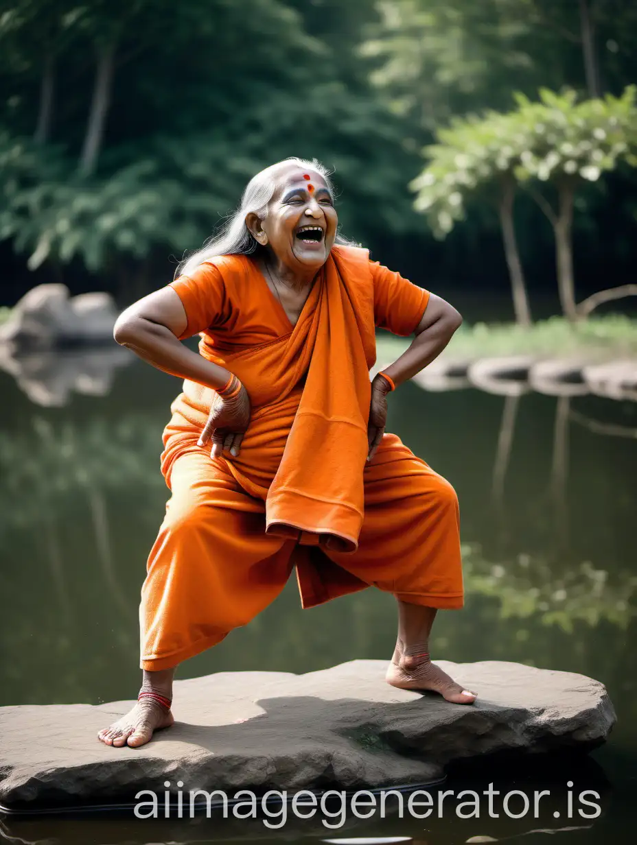 Elderly-Hindu-Monk-Woman-Performing-Morning-Yoga-by-Pond