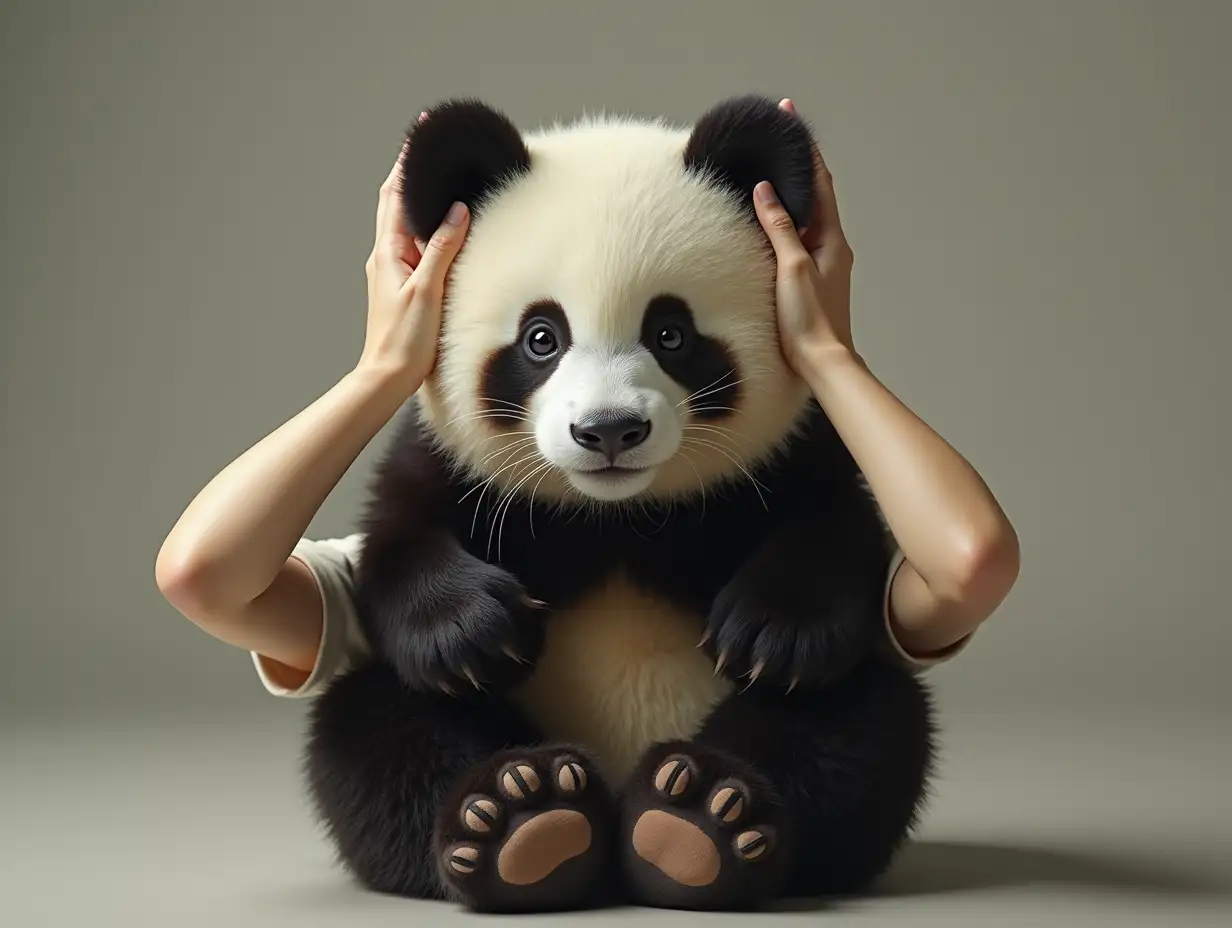 The woman holds her head and instantly transforms into a panda, remaining seated exactly where she was. The girl stays standing in the same spot where she was before.