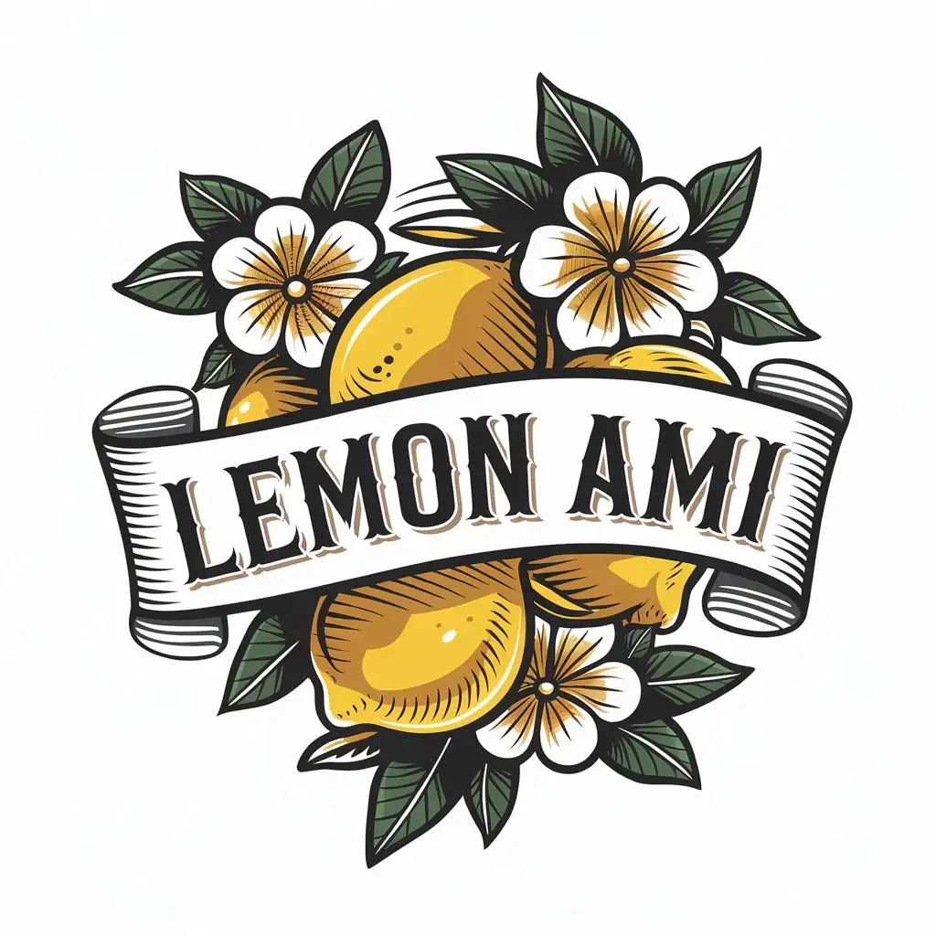 a vector logo design,with the text "Lemon AMI", main symbol:Traditional Old School logo, stile tattoo Limoni e fiori di limone,Moderate,clear background